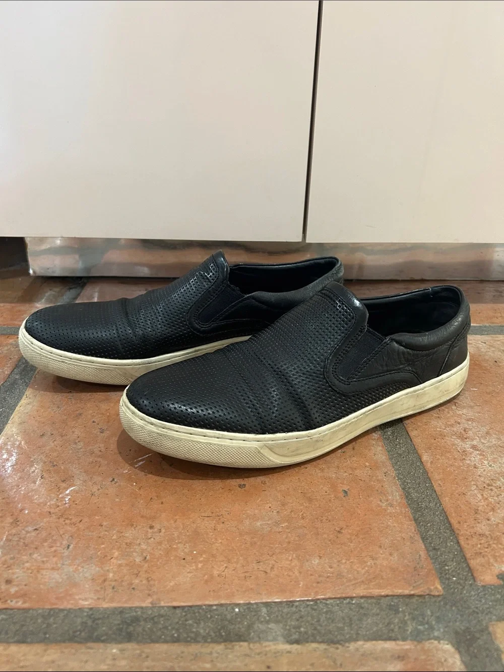 Vince Black Perforated Leather Slip-On Sneakers with White Sole